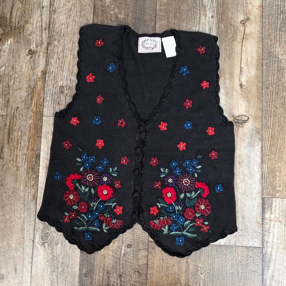 Vintage 90s Floral Ribbon Embroidered Sweater Vest Black Large Ramie Cottagecore